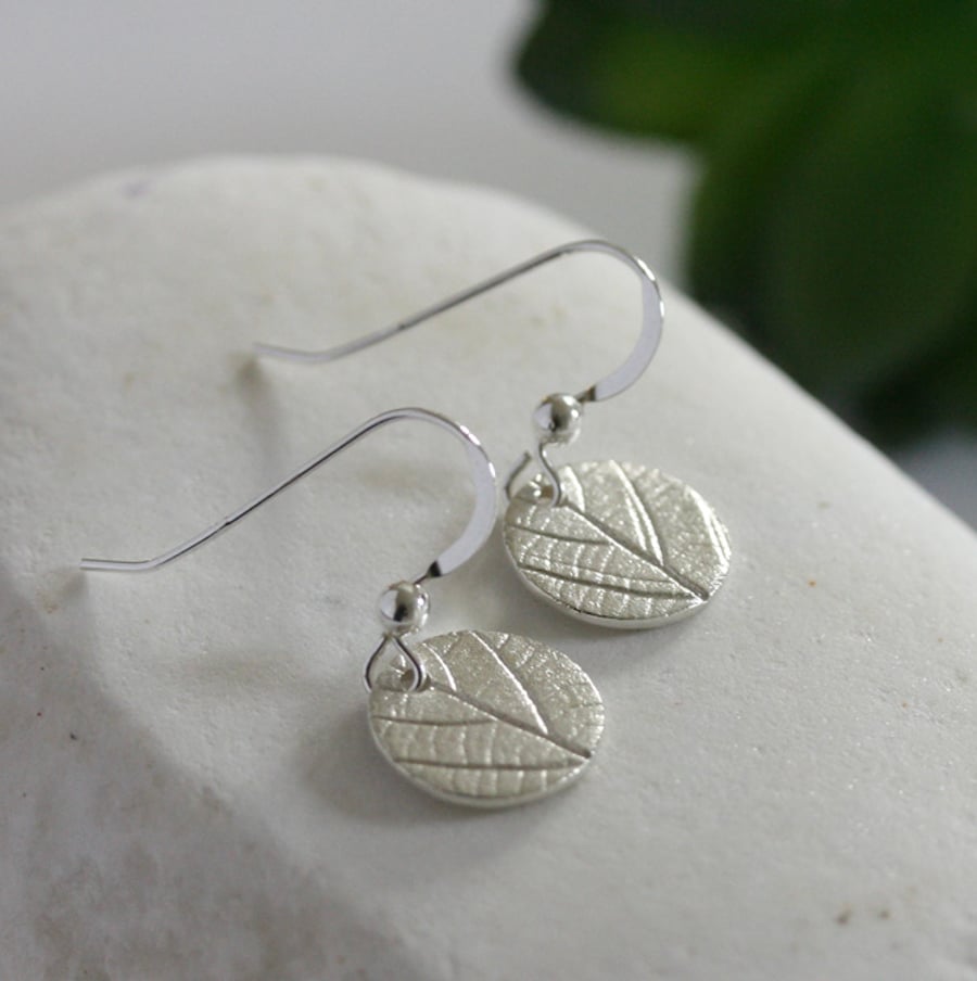 Small Silver round Leaf Print Earrings, Silver Earrings, Light Finish