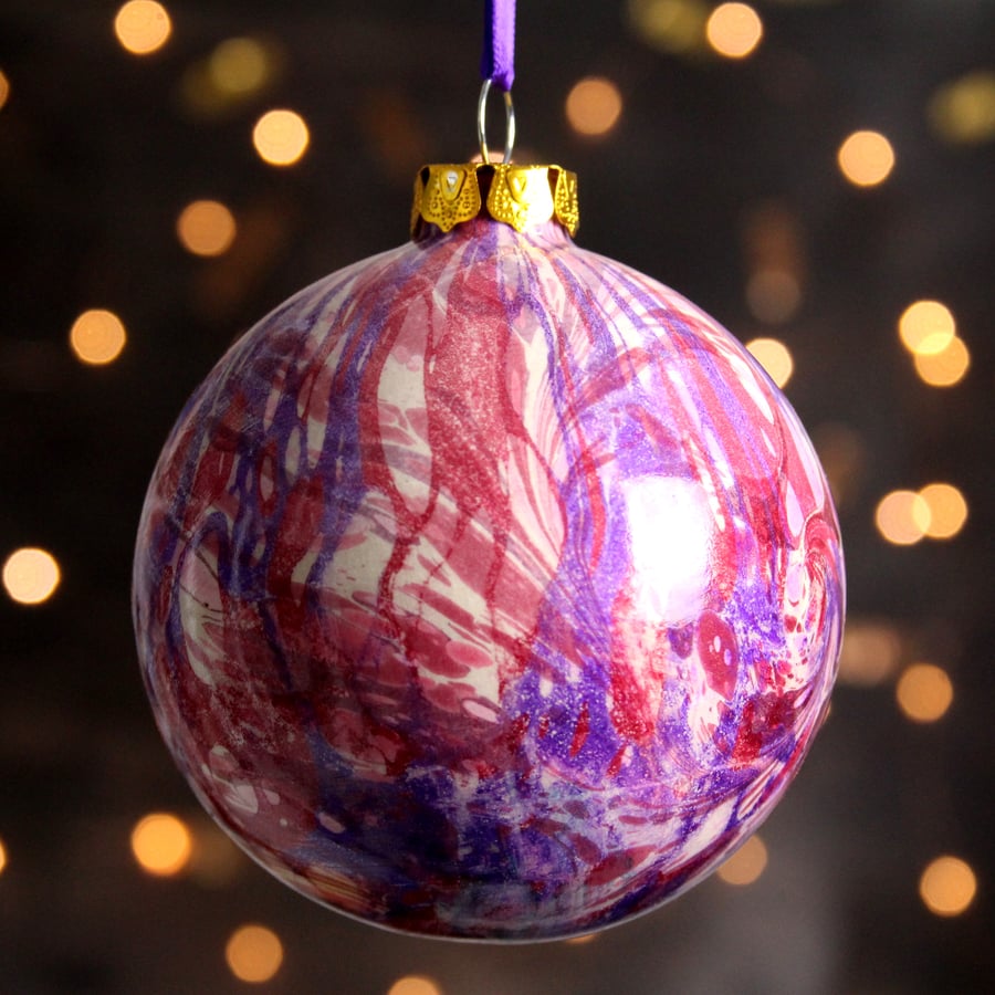 Large ceramic Christmas decoration bauble pink purple gold