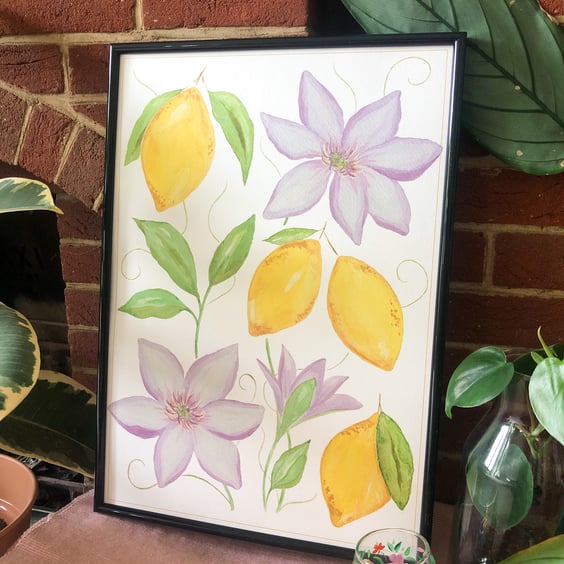 Lemon and Clematis Art Print A3 - Recycled, Botanical Watercolour Print