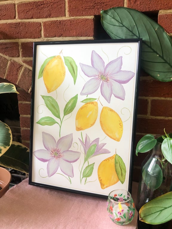 Lemon and Clematis Art Print A3 - Recycled, Botanical Watercolour Print