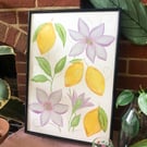 Lemon and Clematis Art Print A3 - Recycled, Botanical Watercolour Print
