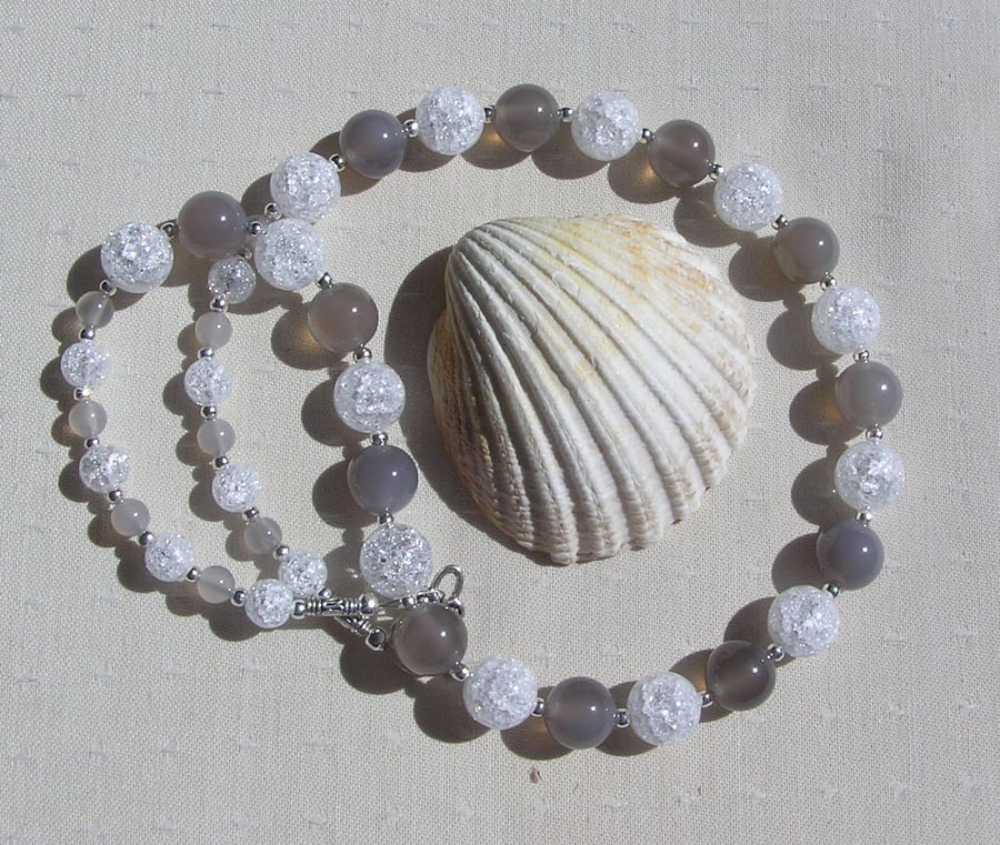 Grey Agate & Clear Quartz Gemstone Crystal Chakra Necklace "Misty Sparkle"