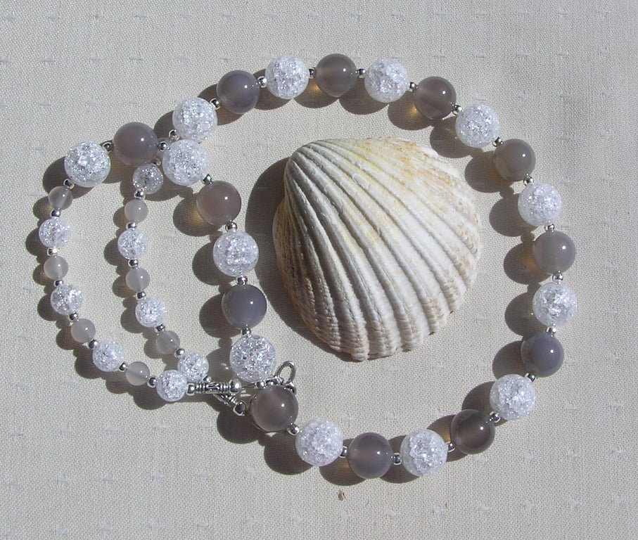 Grey Agate & Clear Quartz Gemstone Crystal Chakra Necklace "Misty Sparkle"