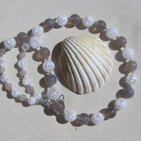 Grey Agate & Clear Quartz Gemstone Crystal Chakra Necklace "Misty Sparkle"