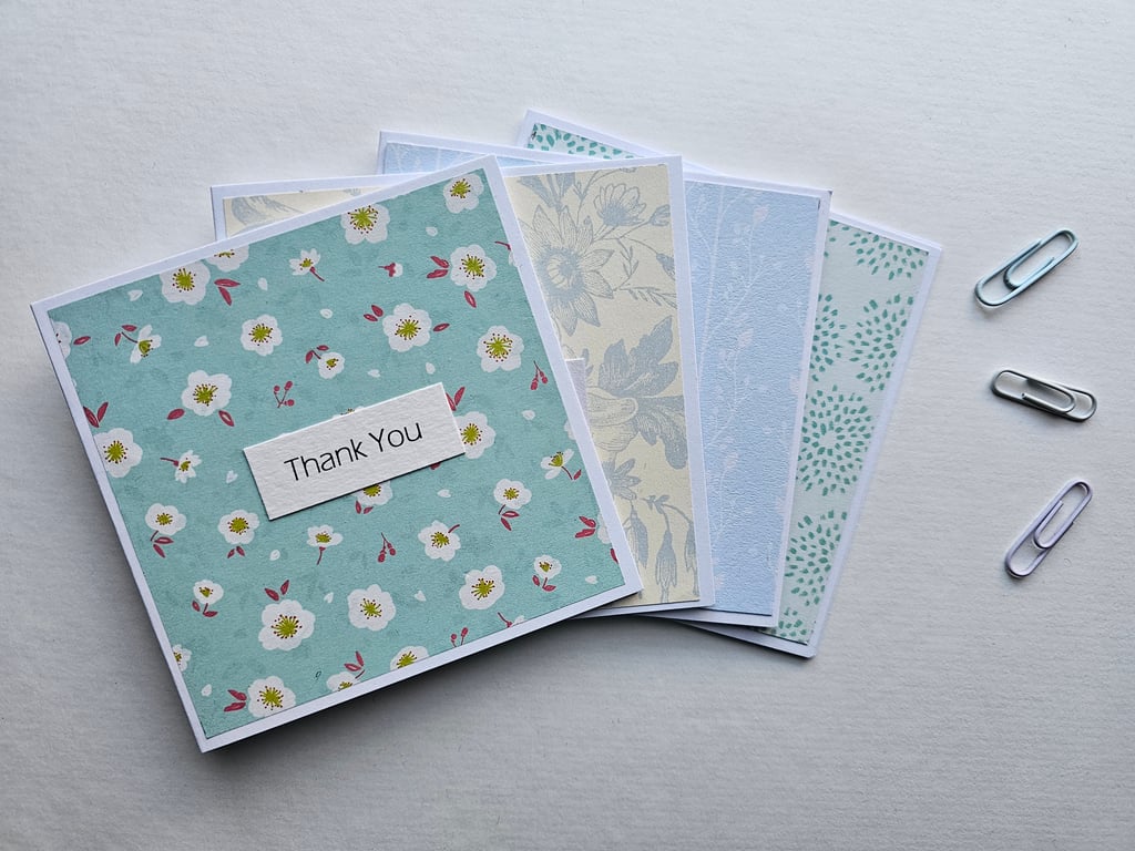 Pack of 4 Simple Small Blue Handmade Thank You Cards Size 4" x 4" (10cm x10cm)