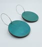 Turquoise large hand printed dangly disc wooden hoop earrings - Image 6