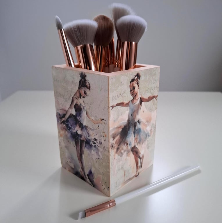 Decoupage Wooden Makeup Brush Holder, Watercolor Ballerina Art, Desk Organiser