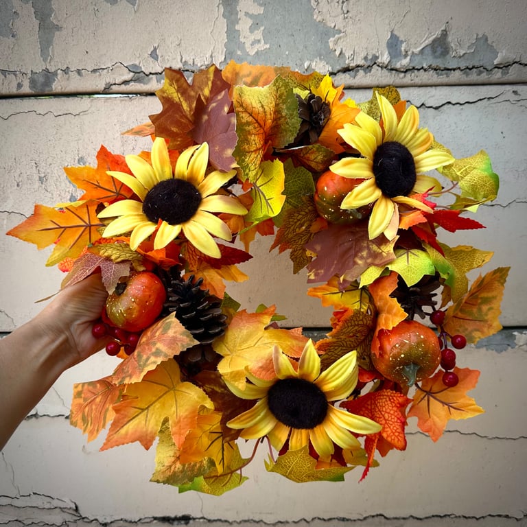 Autumn leaves sunflower wreath Farmhouse pumpkin porch decor cottage core art