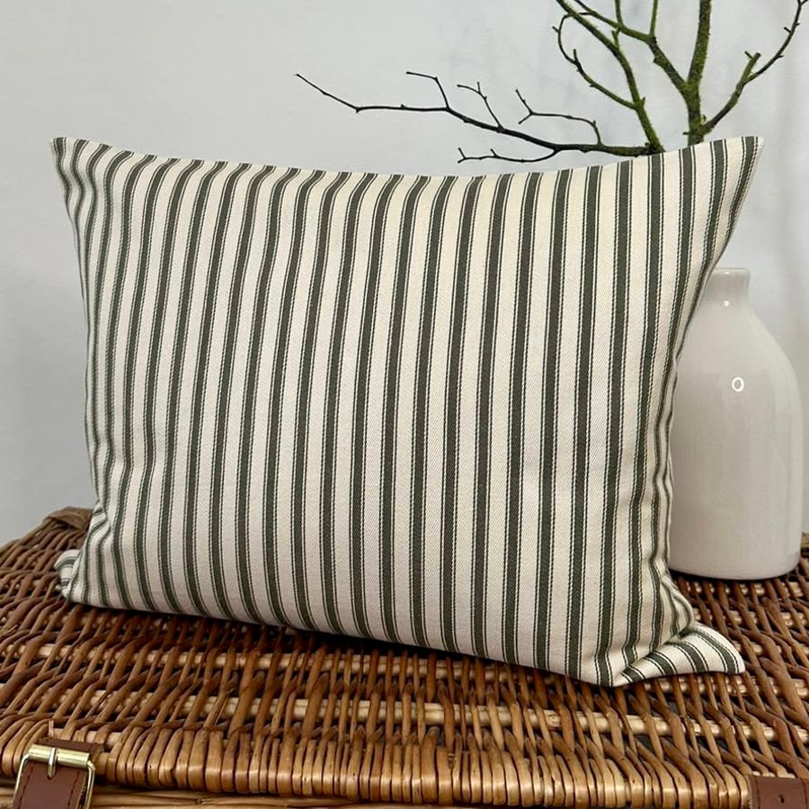 Olive green and cream ticking, lumbar cushion cover, 17” x 13”