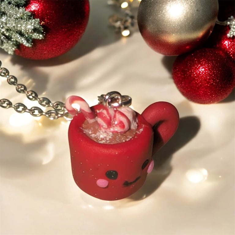 Cute Christmas Hot Chocolate Mug Necklace Polymer Clay Cocoa Xmas Jewellery
