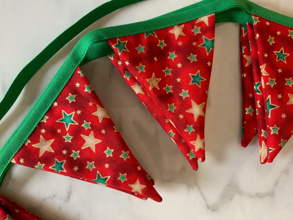 Handmade Mini Christmas Star Bunting - Red, Gold & Green Fabric Garland 2 Metres