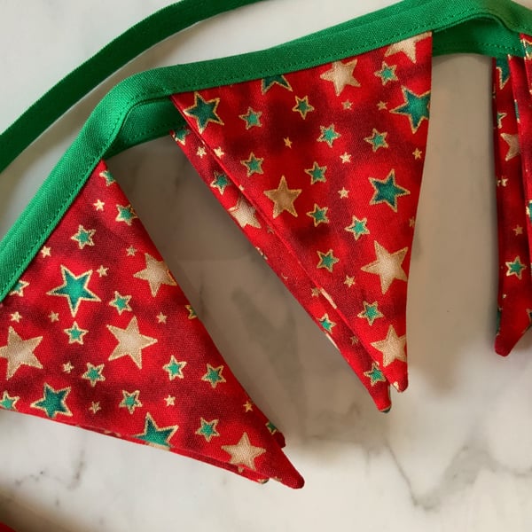 Handmade Mini Christmas Star Bunting - Red, Gold & Green Fabric Garland 2 Metres