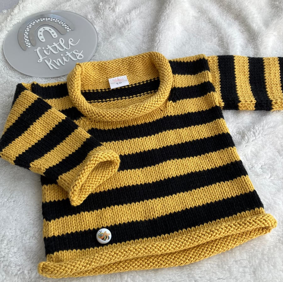 Hand Knitted ‘Little Bee’ Baby’s Jumper (0-3 months)