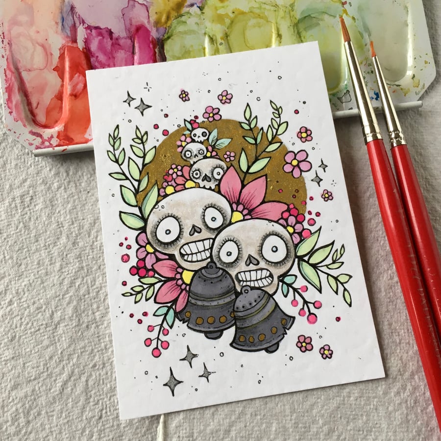 festive skullstack - original aceo