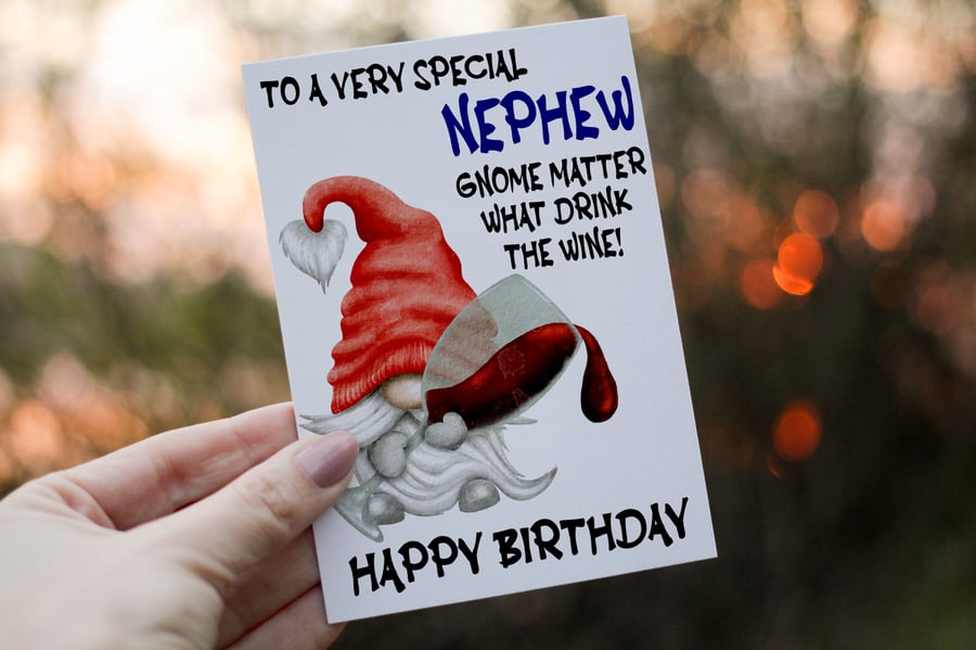 Special Nephew Drink The Wine Gnome Birthday Card, Gonk Birthday Card