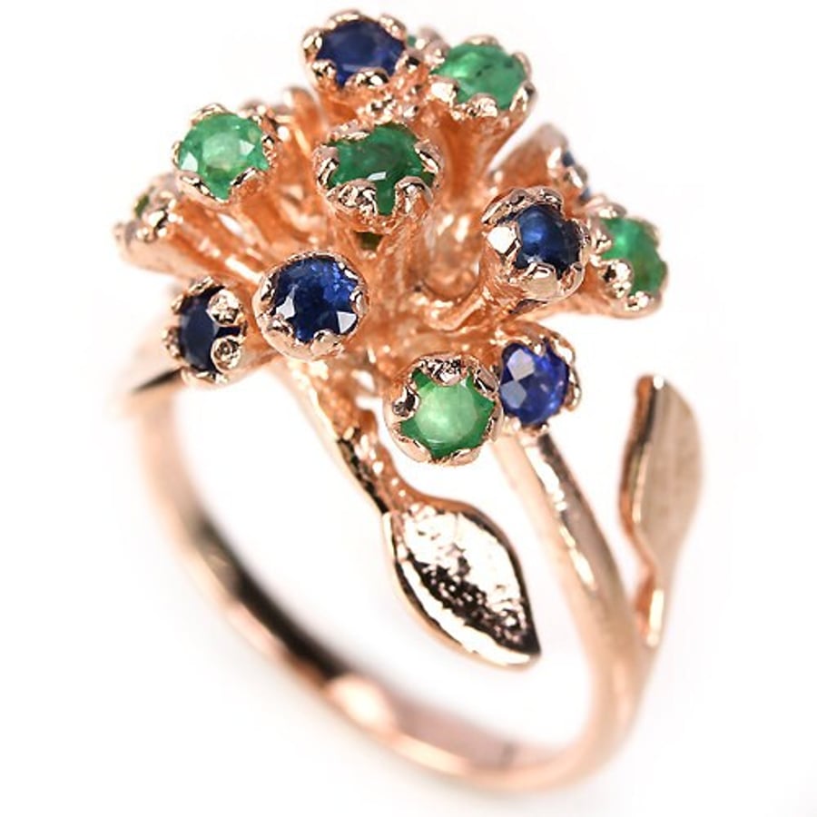 Sapphire & Emerald Romantic Art Nouveau style Open Spray Floral Ring