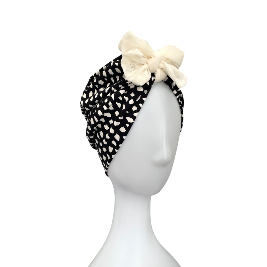Black and White Dotted Bow Turban Hat, Adult Alopecia Head Turban, SPF 50 Hair 