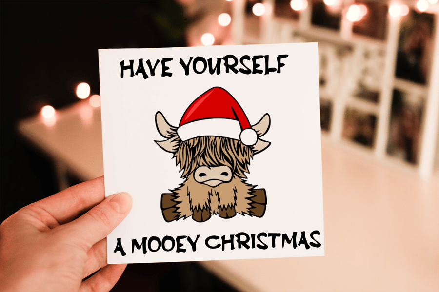 Have Yourself A Mooey Christmas Card, Highland Cow Christmas Card