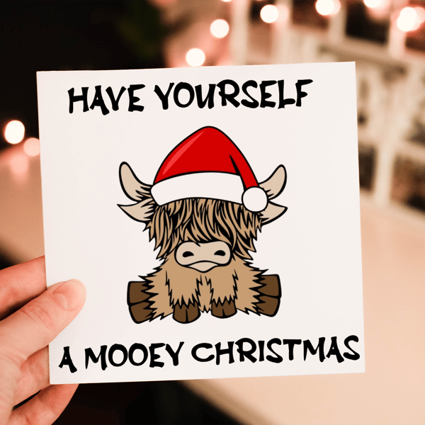 Have Yourself A Mooey Christmas Card, Highland Cow Christmas Card