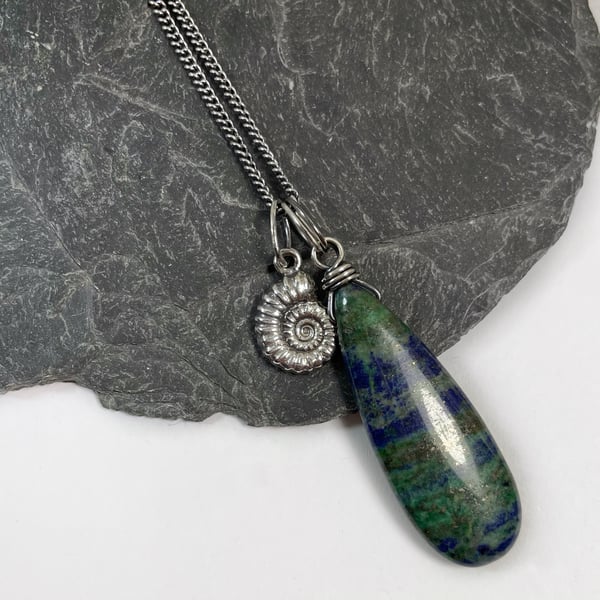 Teardrop azurite chrysocolla pendant with silver ammonite fossil and chain