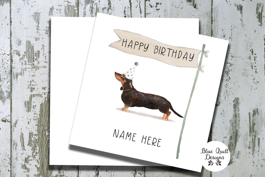 Black Tan Dachshund Watercolour Print Personalised Birthday Card