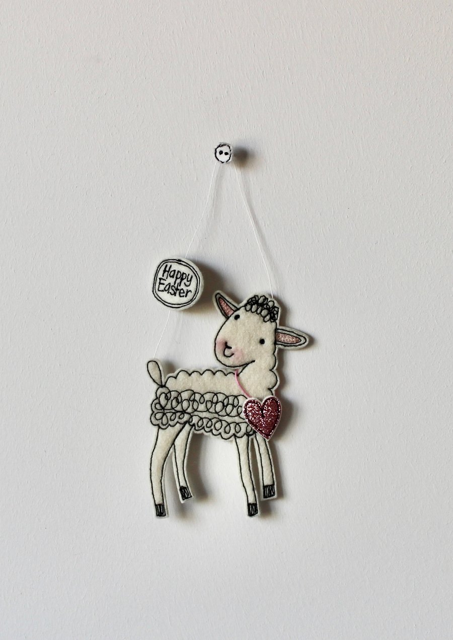 'Little Lamb with a Pink Heart' - Hanging Decoration