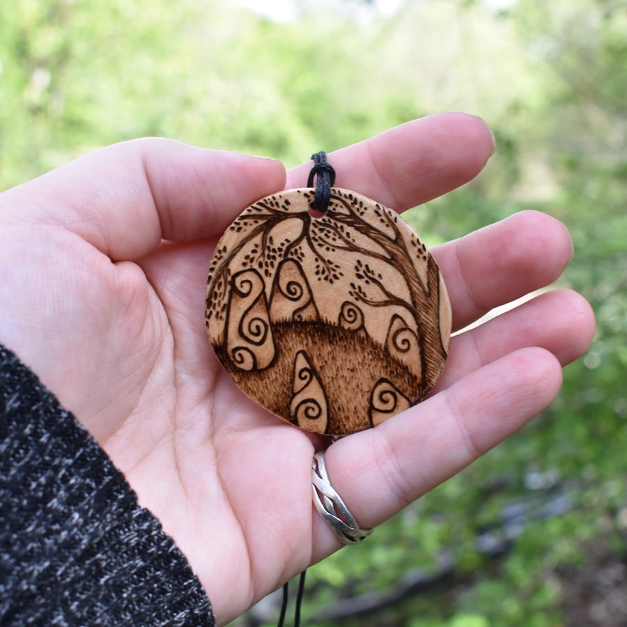 Stone circle pyrography pendant. Rustic branch slice necklace. 