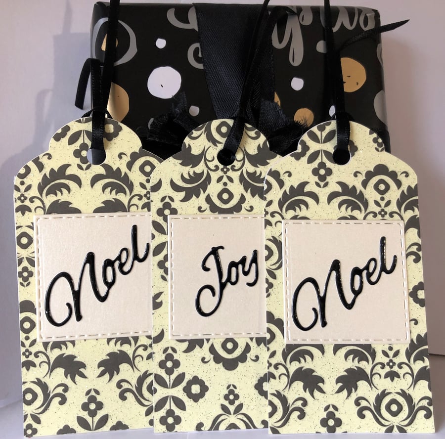 Luxury sparkly embossed Christmas 3 gift tag set Joy Noel cream and black