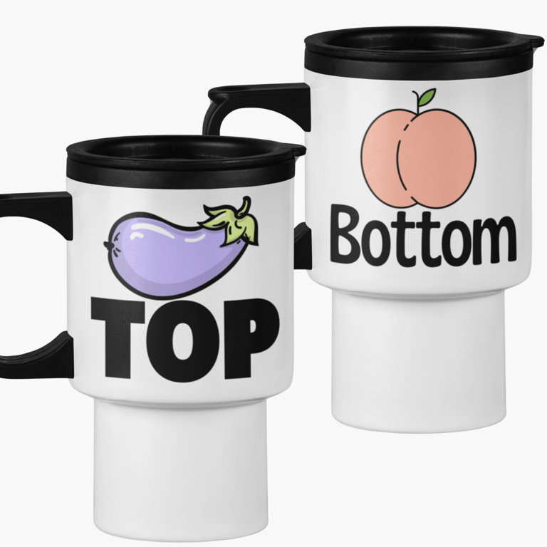 Gay Couples Funny Set of 2 Travel Mugs Gay TOP and Bottom Travel Mugs