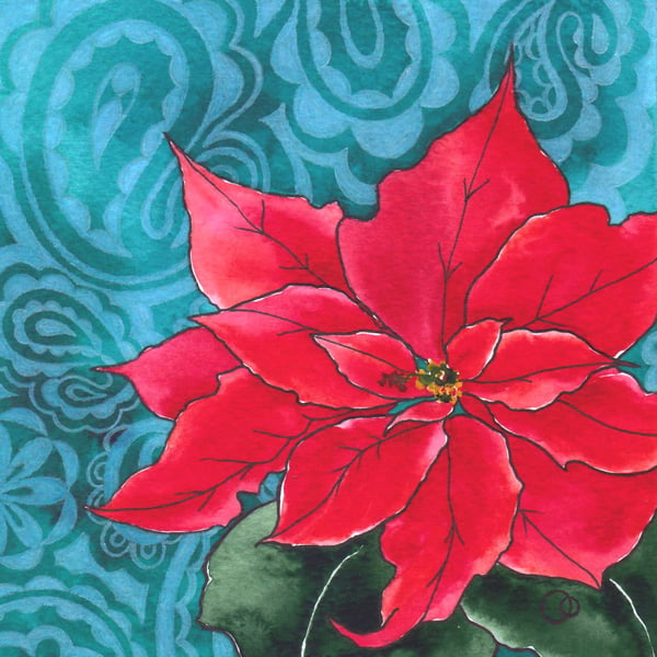 Poinsettia & Paisley Design Handmade Christmas Card