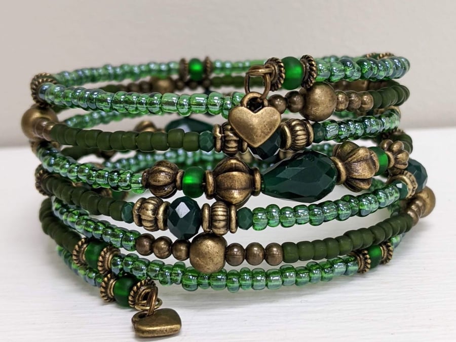 Green and Bronze Memory Wire Beaded Bracelet, Stacked Cuff Bangle