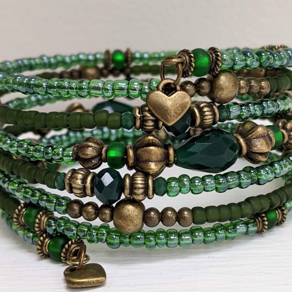 Green and Bronze Memory Wire Beaded Bracelet, Stacked Cuff Bangle