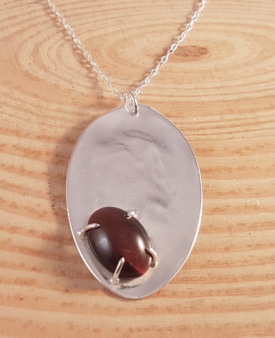Sterling Silver Upcycled Spoon Necklace with Tigers Eye Cabochon