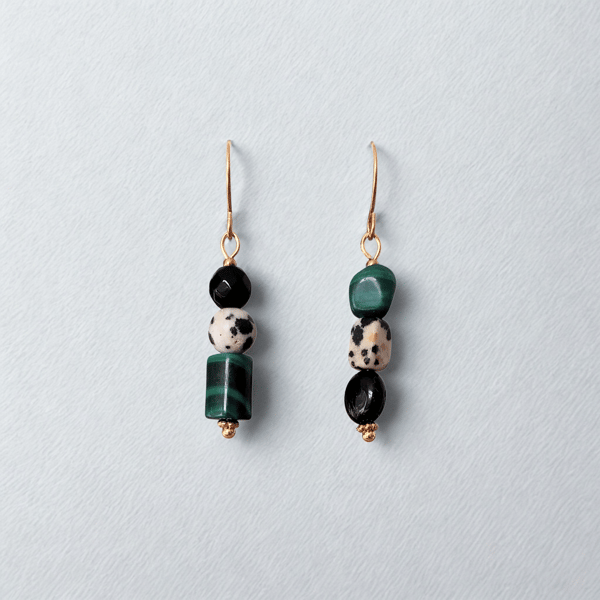 Earrings Dalmatian Jasper Malachite Obsidian Stone bead Gold-Plated