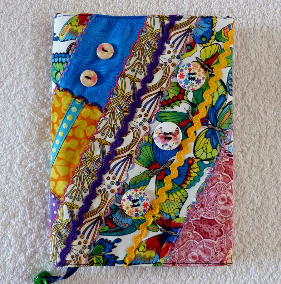 Embellished  Patchwork A5 Notebook with Bookmark and Lined Notepad. Butterfly.