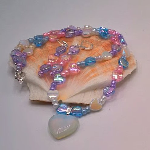 Iridescent Pink Blue White & Lilac Heart and Glass Bead Necklace & Earrings Set