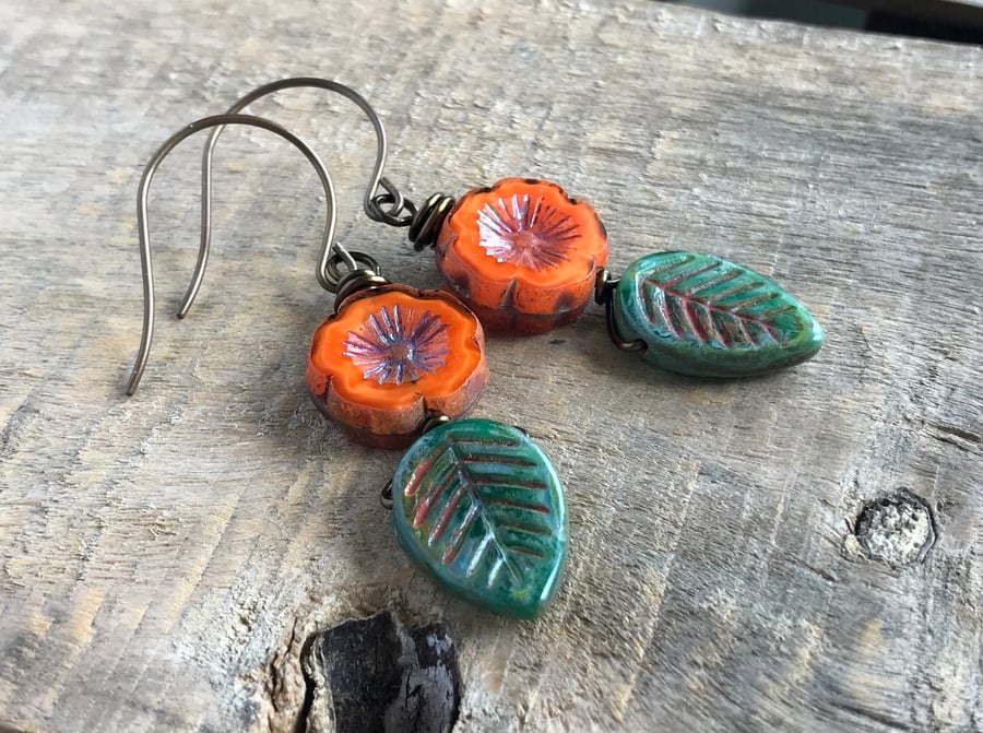 Rustic Green Czech Glass Leaf Earrings. Orange Flower Earrings. Nature Gift