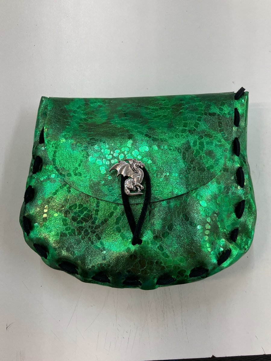 Medieval Pouch: Metallic Green coloured Leather with Dragon Closure