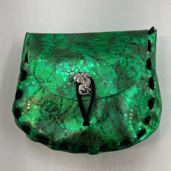 Medieval Pouch: Metallic Green coloured Leather with Dragon Closure