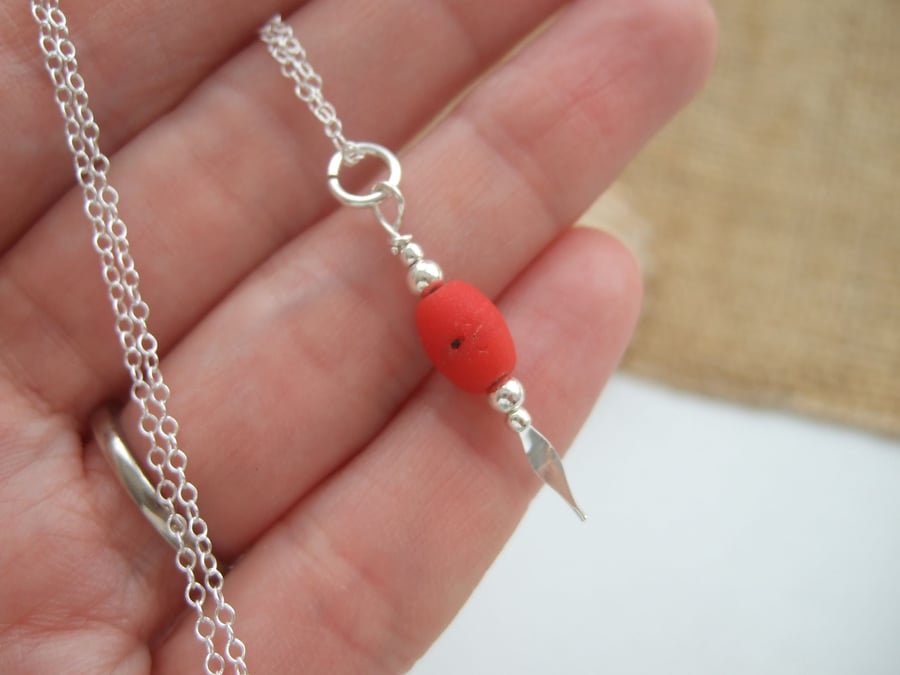 Scottish sea glass bead necklace, red glass bead necklace, puristic bead 
