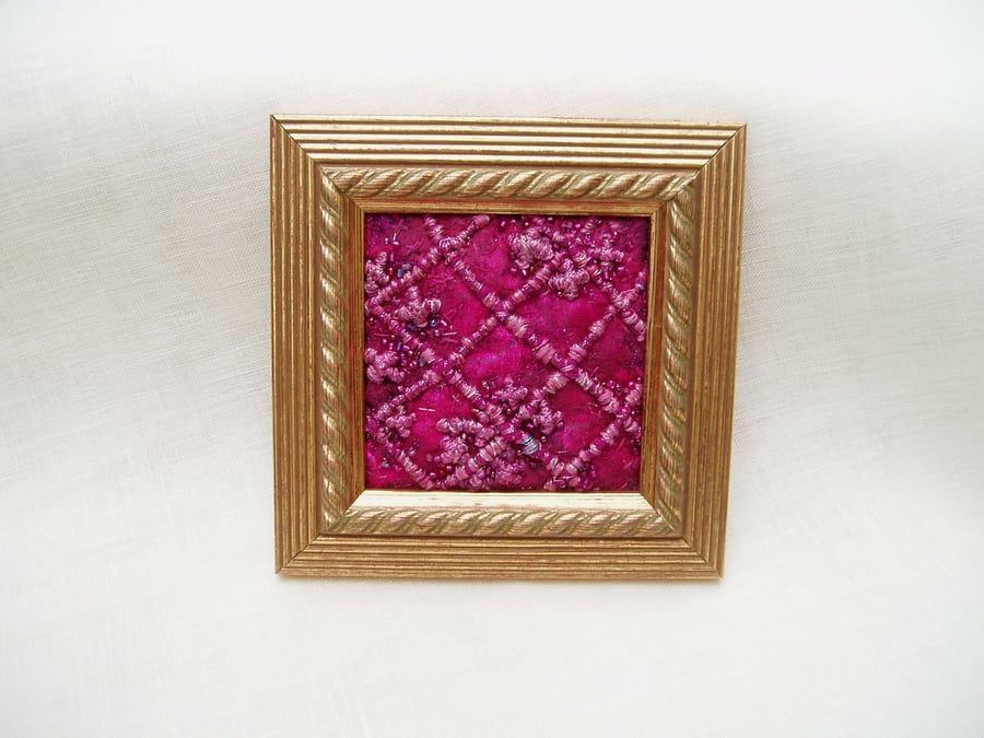 EMBROIDERED PINK TEXTILE ART PICTURE raspberry pink 