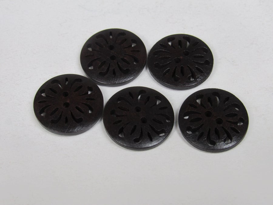 5 Medium 23mm Dark Pierced Wood Buttons