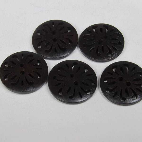 5 Medium 23mm Dark Pierced Wood Buttons