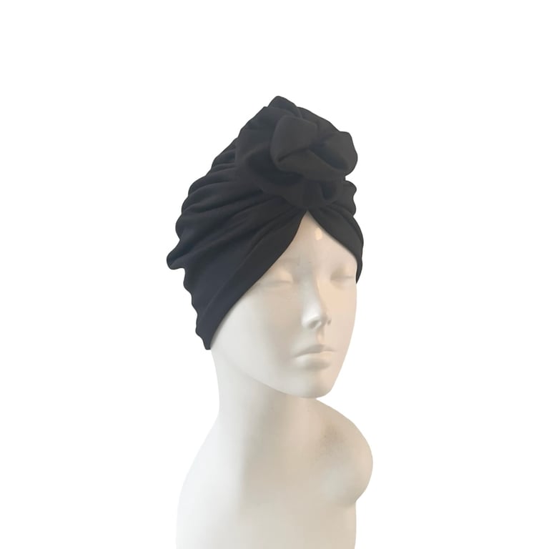 Black Turban Head Wrap for Women Stretchy Rosette Jersey Cap for Fashion 