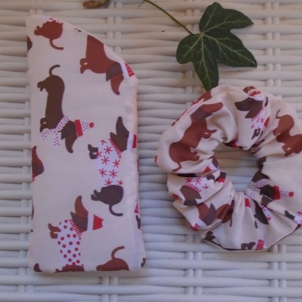 Sausage Dog Gift Set Glasses Case and Hair Scrunchie.