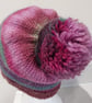 Handknit Bobble Hat 100% wool Pink Green Purple MED - Image 3