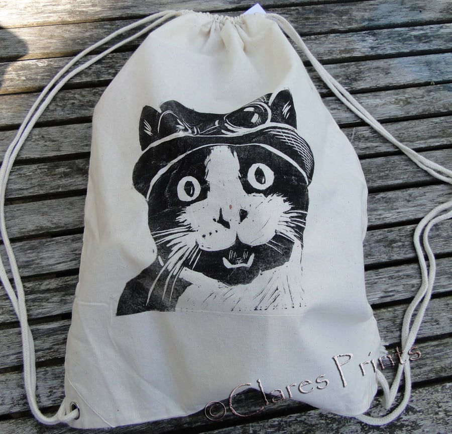 Steampunk Cat Rucksack Bag Linocut Hand Printed Cream 