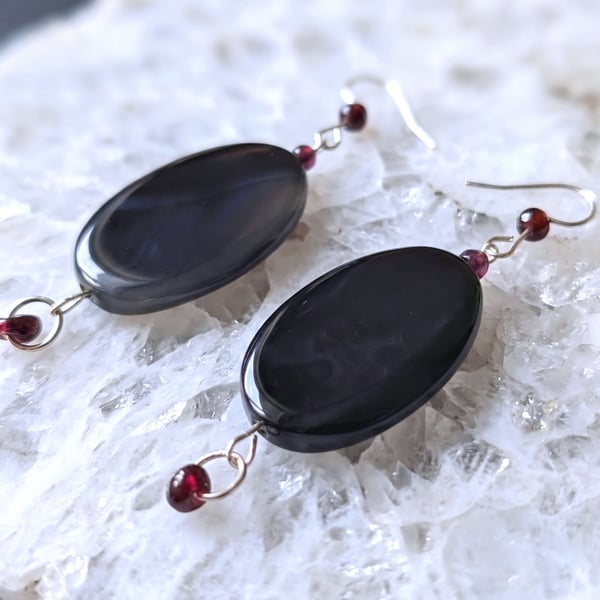 Garnet and Black Agate Oval Silver Drop Earrings