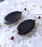 Garnet and Black Agate Oval Silver Drop Earrings