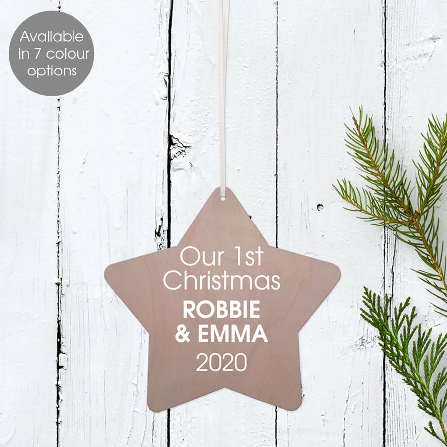 Personalised Bauble Star Couple's 1st Christmas Wooden Tree Decoration